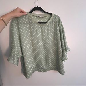 Zara sage green & white polka dot short sleeve top